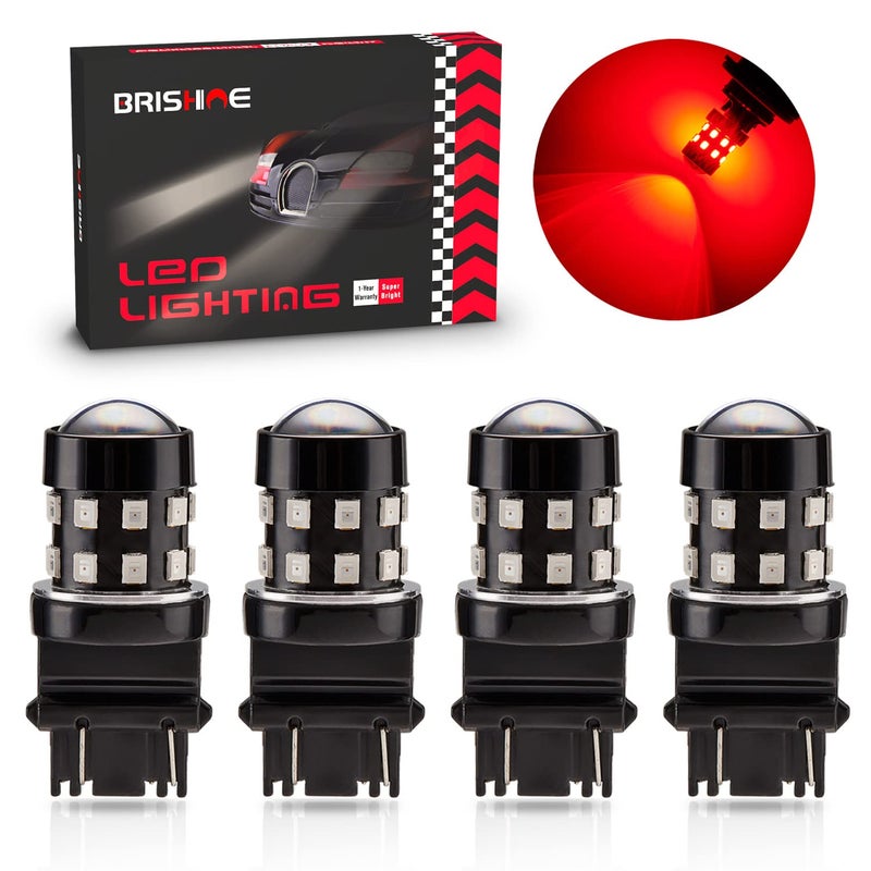 BRISHINE 4-Pack Super Bright 3157 3156 3057 4057 3157K LED Bulbs Brilliant Red 9-30V Non-Polarity 24-SMD LED Chipsets with Projector for Brake Tail Lights, Turn Signal Lights - Image 1